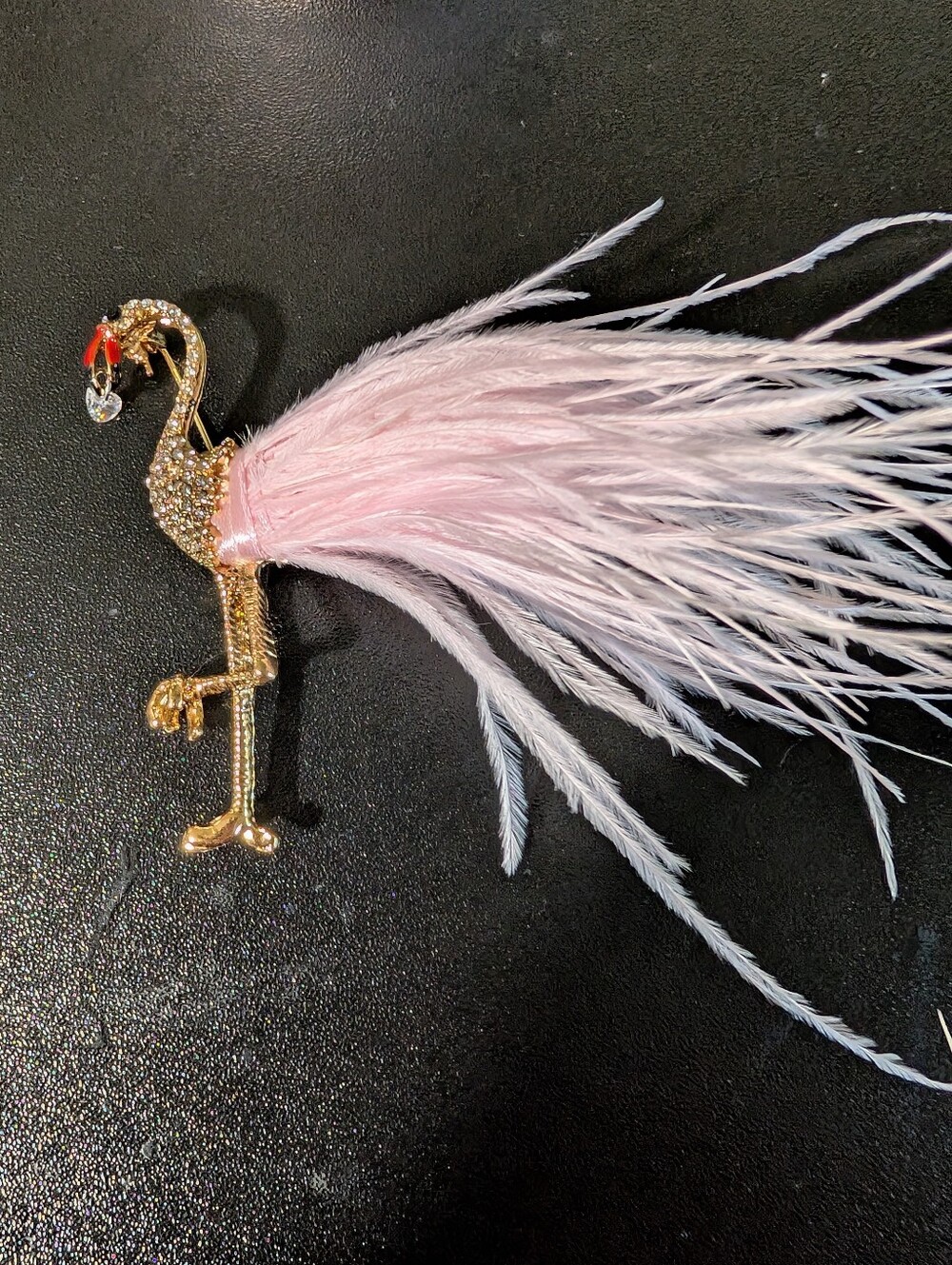 Gold Flamingo Bird Brooch with Pink Feather Tail